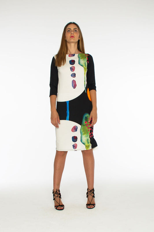 "Solomon" 3/4 Sleeve Midi Dress Vertical Print